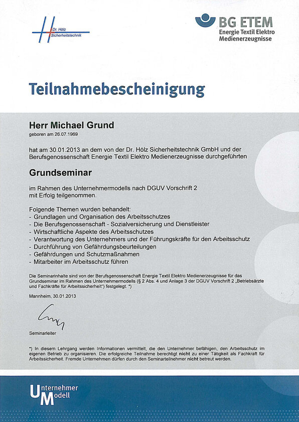 Grundseminar im Rahmen des Unternehmermodells nach DGUV Vorschrift 2, Michael Grund