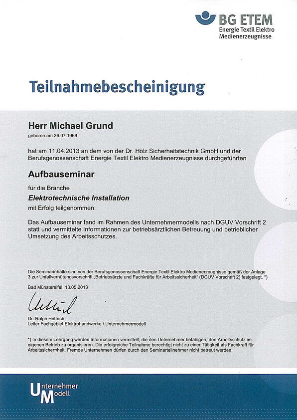 Aufbauseminar für die Branche "Elektrotechnische Installation", Michael Grund