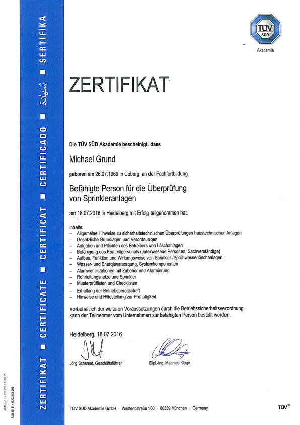 Befähigte Person für die Übertragung von Sprinkleranlagen, Michael Grund