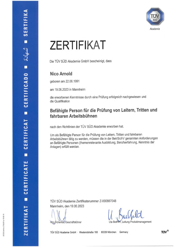 Befähigte Person für die Prüfung von Leitern, Tritten und fahrbaren Arbeitsbühnen, Nico Arnold